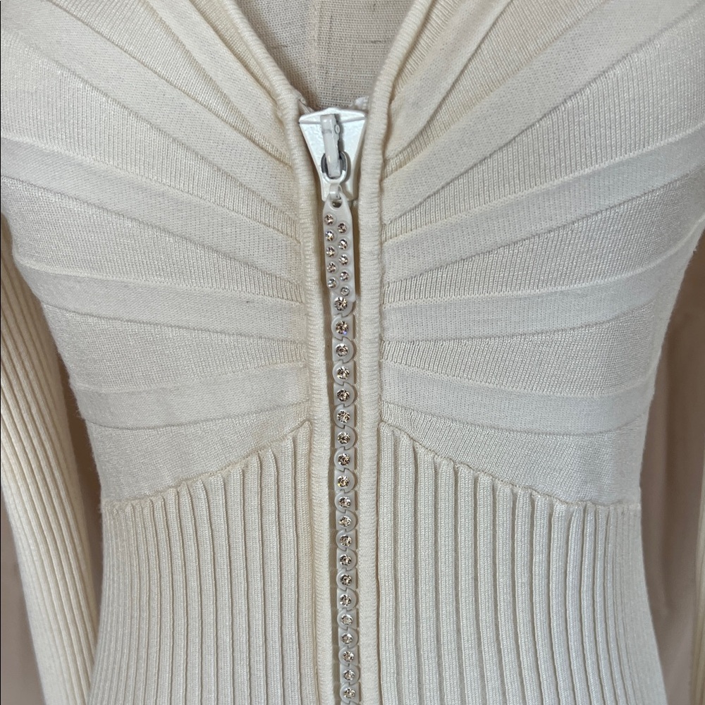 Cream Ribbed Belldini rhinestone Zip-Front Long Sleeve sweater - Picture 2 of 4